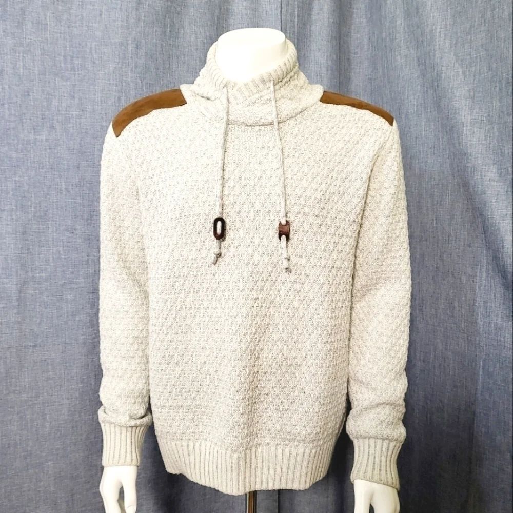 X-RAY Shawl Collar Pullover Sweater Faux Suede Shoulder Patches Oatmeal Men's M